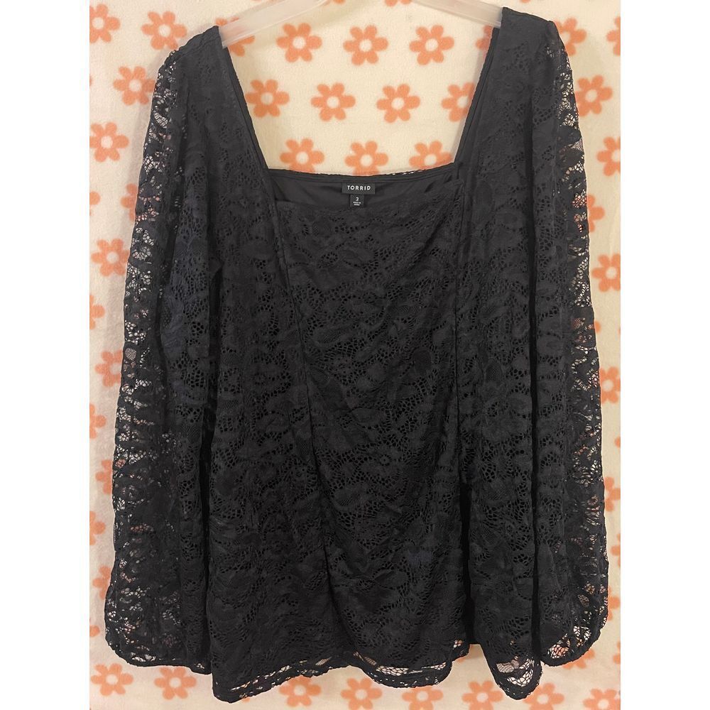 Torrid Elegant Black Lace Square Neck Blouse Long Sleeve Romantic Evening‎ Top